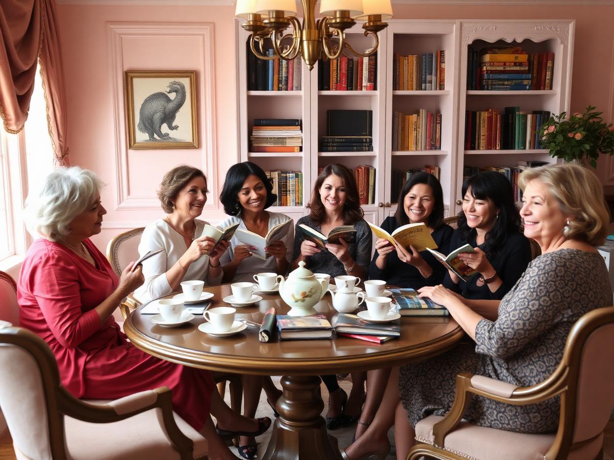 A women's book club gathered around a tea table