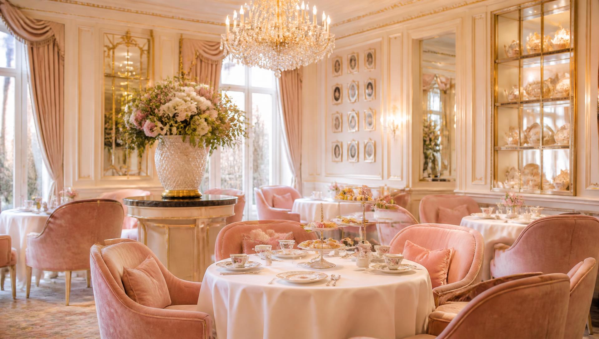 Inside The Velvet Tea Cup: velvet pink chairs, cream walls and a crystal chandelier