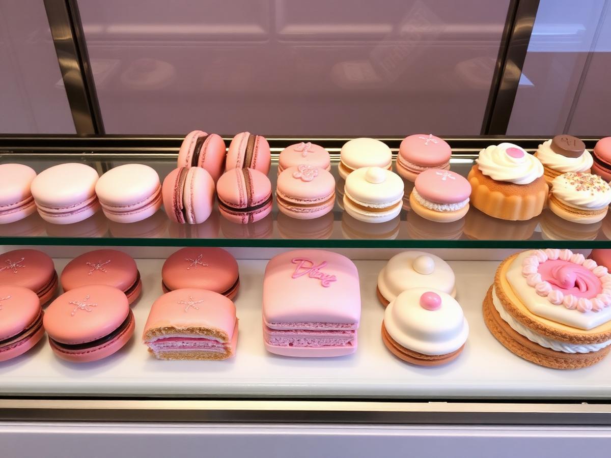 An assortment of pastel French pastries on a porcelain tray