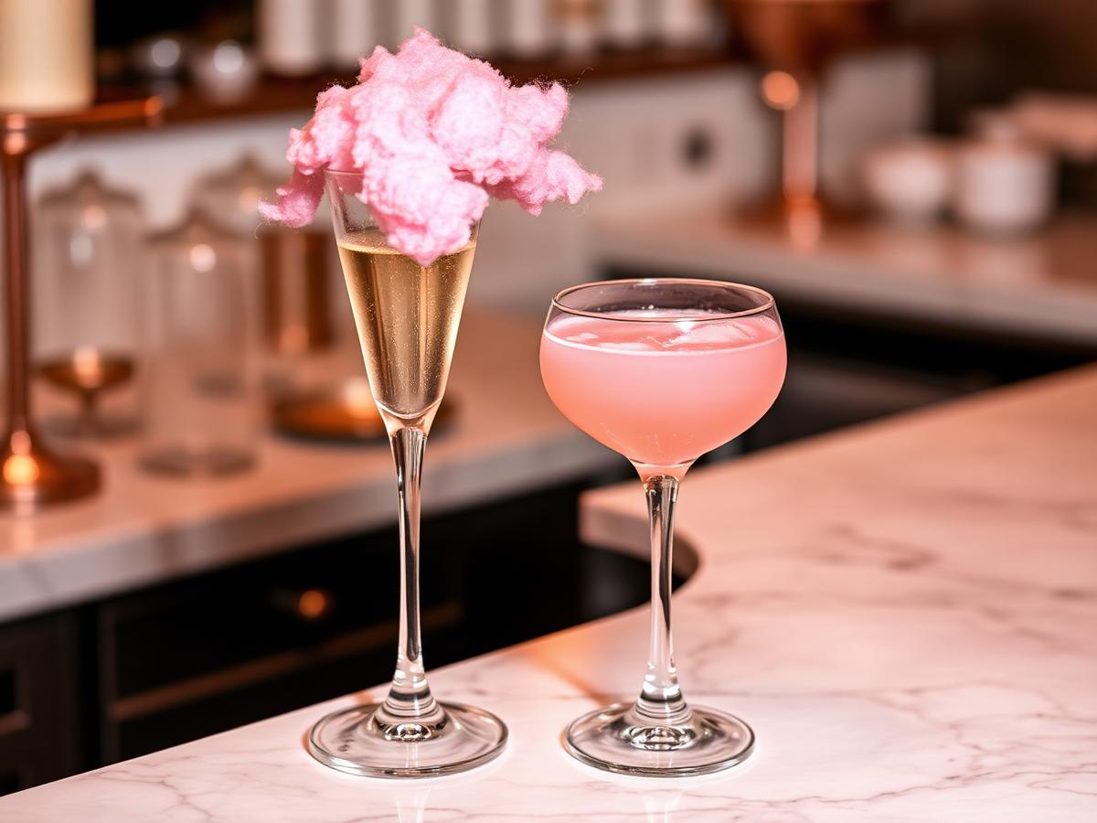 A lavender London fog and iced rose tea served on a marble counter
