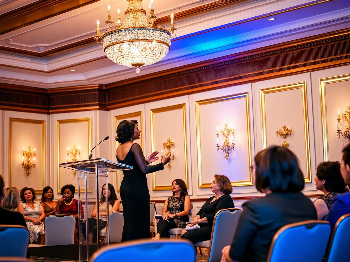 A woman speaking to an attentive audience of women in an elegant room