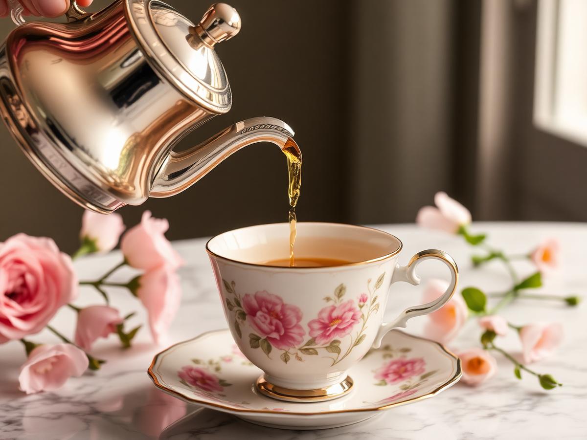 Tea being poured from a porcelain pot into a floral teacup